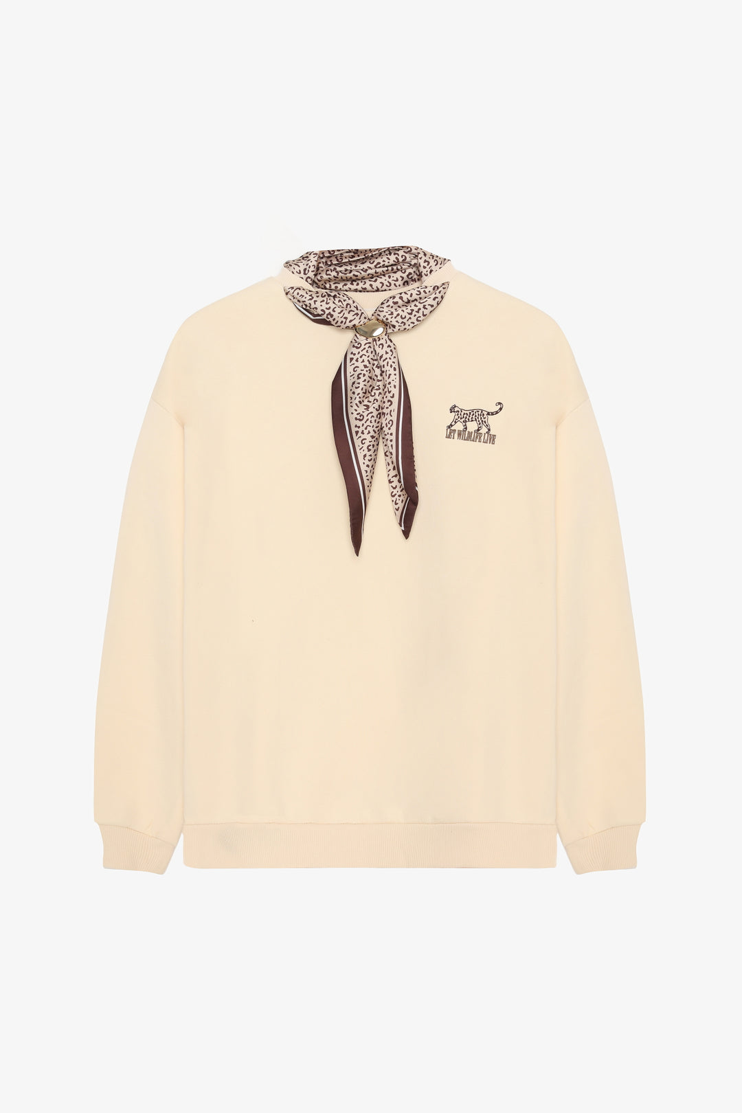 Fularlı Leopar Nakışlı Oversize Sweatshirt Bej