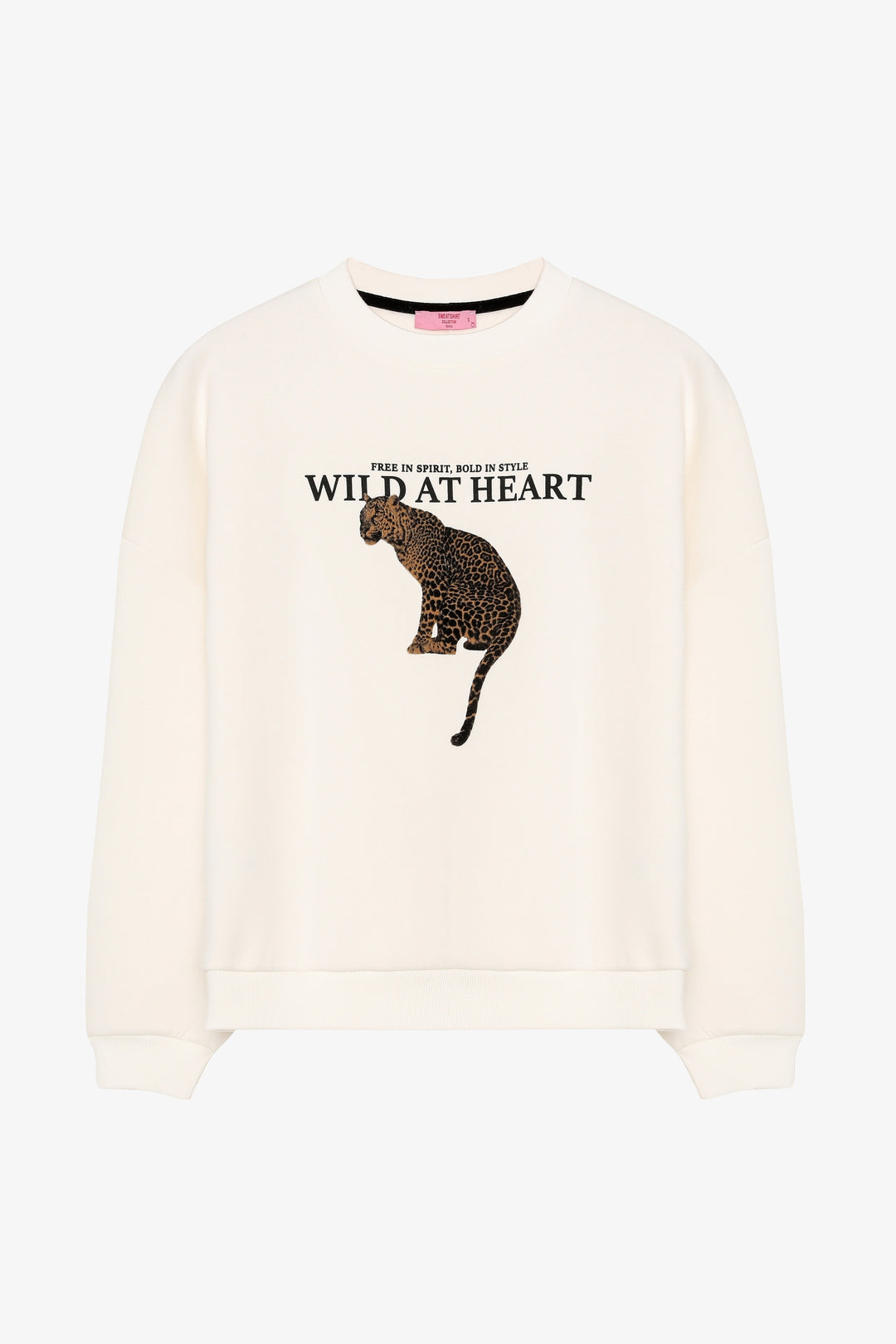 Leopar Baskılı Sloganlı Oversize Sweatshirt Ekru