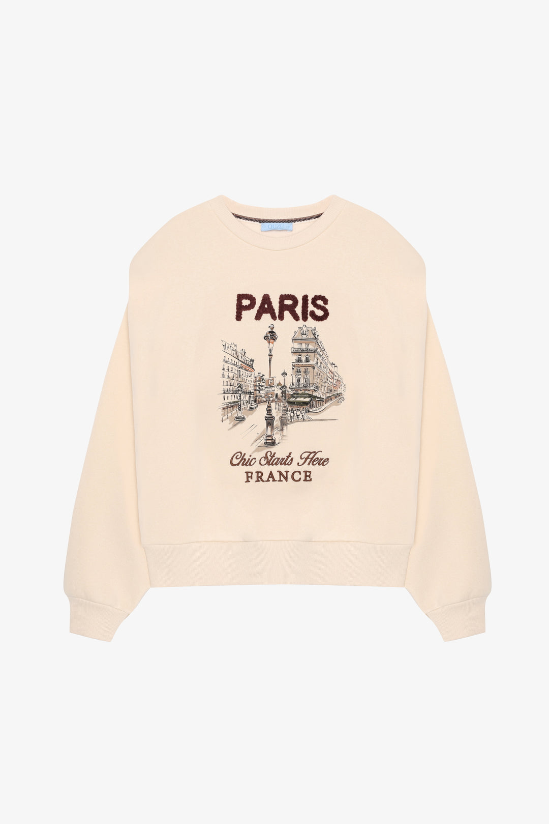 Vatkalı Paris Baskılı Oversize Sweatshirt Bej