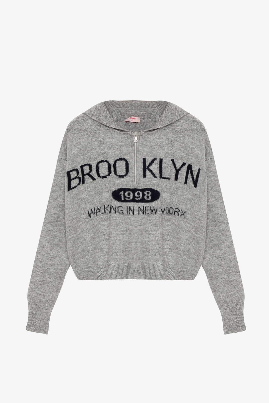 Brooklyn Yazılı Yarım Fermuarlı Triko Kazak Gri
