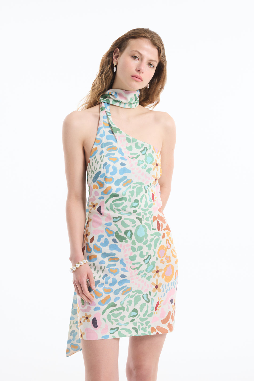 Tek Omuz Renkli Desenli Keten Mini Elbise Naturel