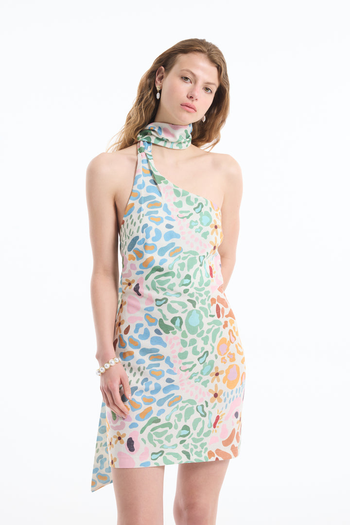 Tek Omuz Renkli Desenli Keten Mini Elbise Naturel