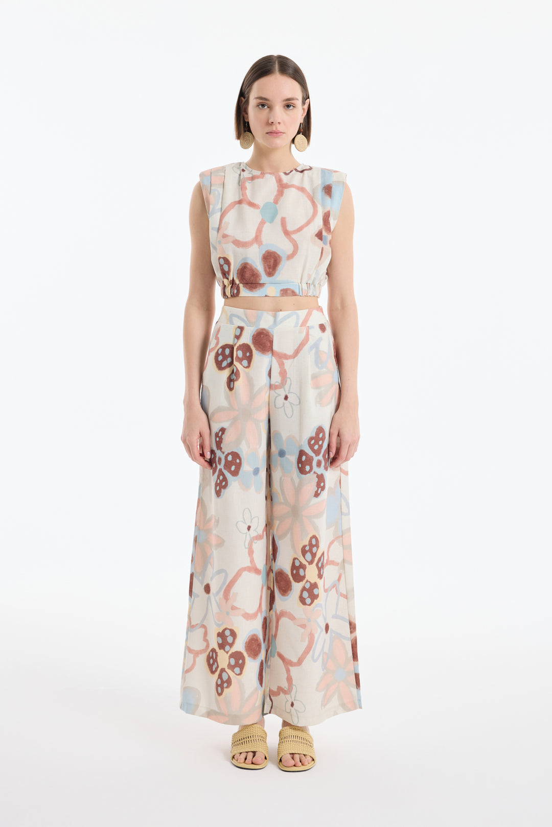 Renkli Çiçek Desenli Geniş Keten Pantolon Naturel