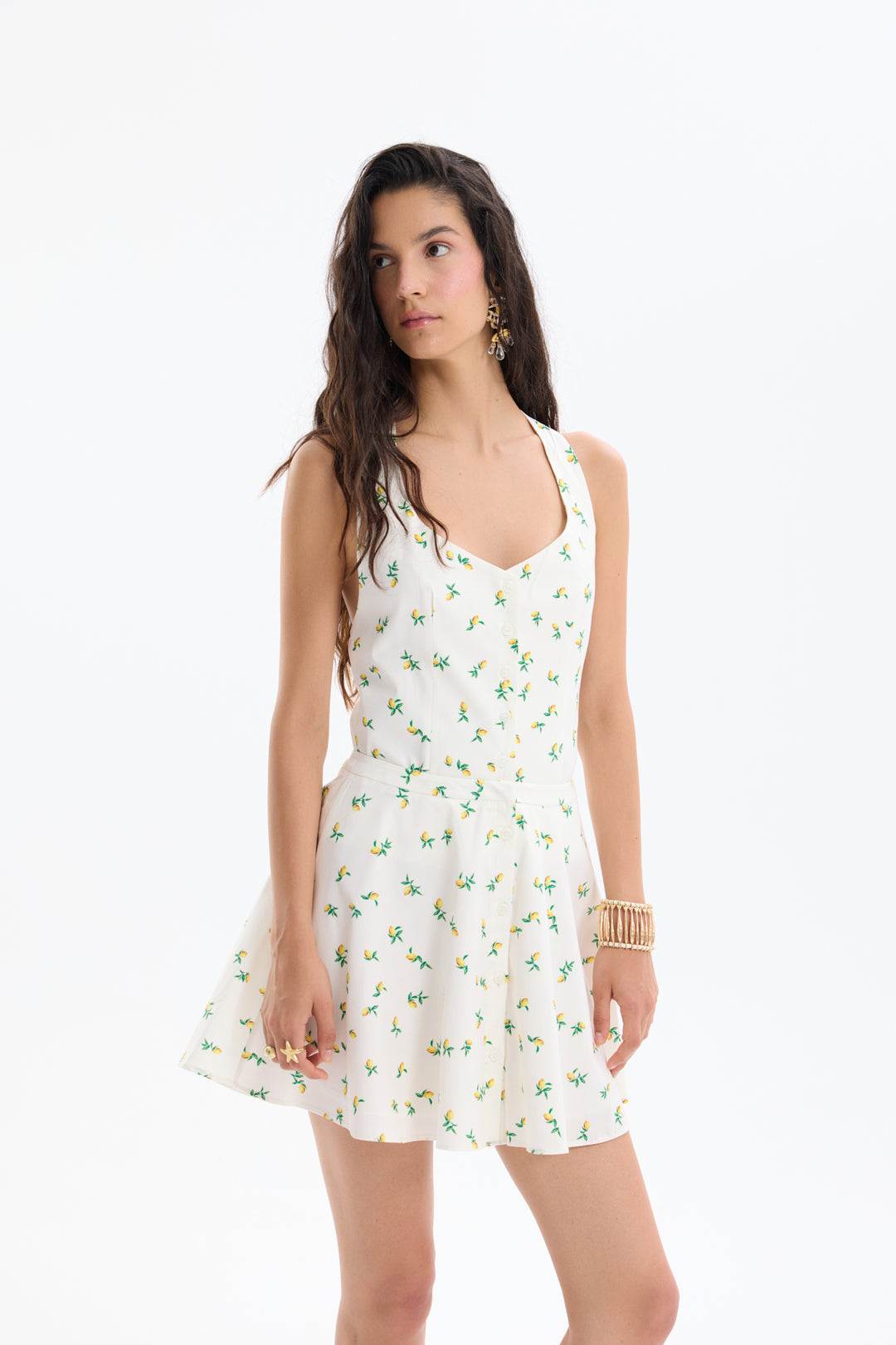 Limon Desenli Mini Etek Ekru