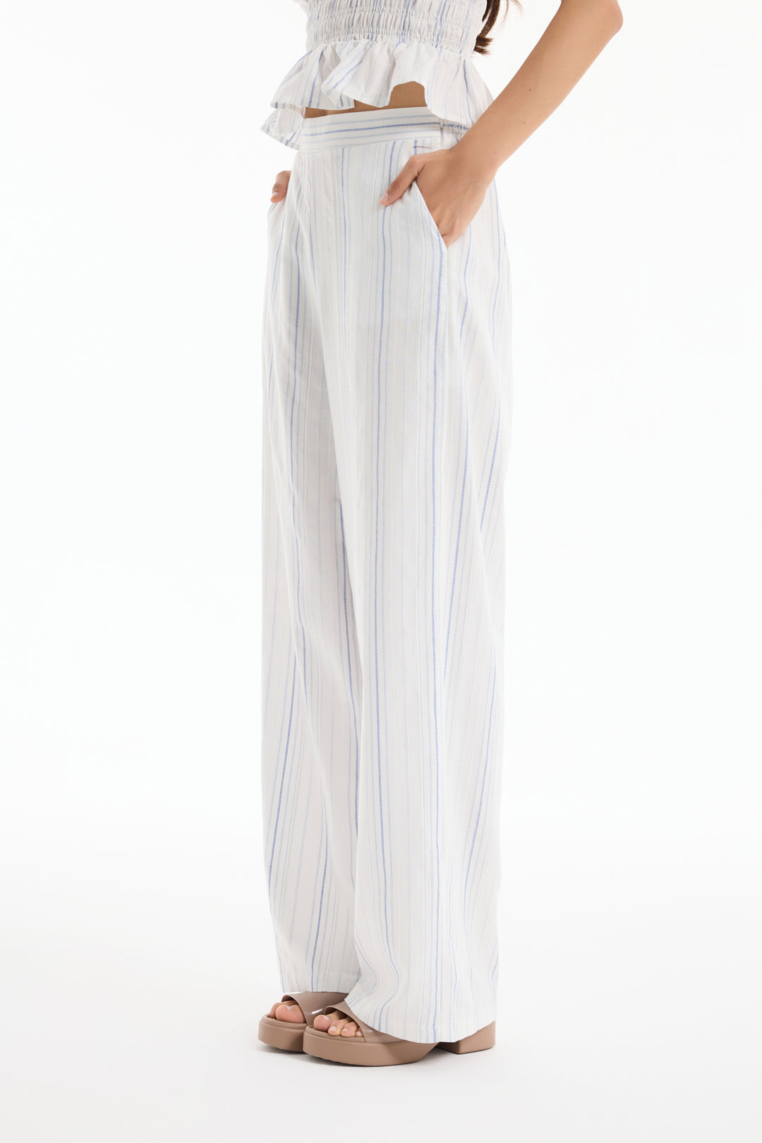 İnce Çizgili Yüksek Bel Pantolon Ekru