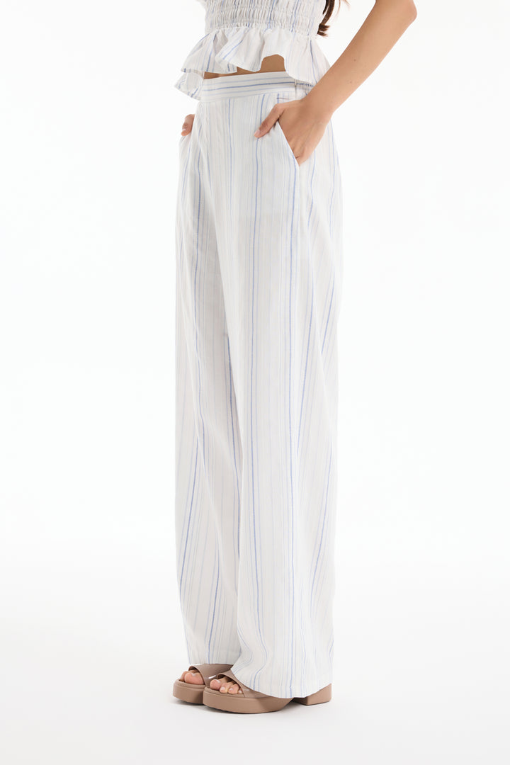 İnce Çizgili Yüksek Bel Pantolon Ekru