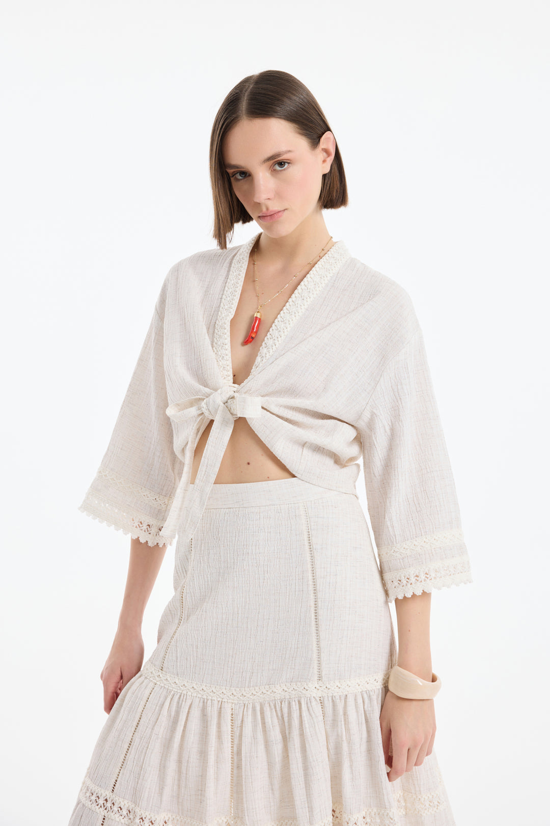 Şerit Dantelli Bağlamalı Kimono Naturel
