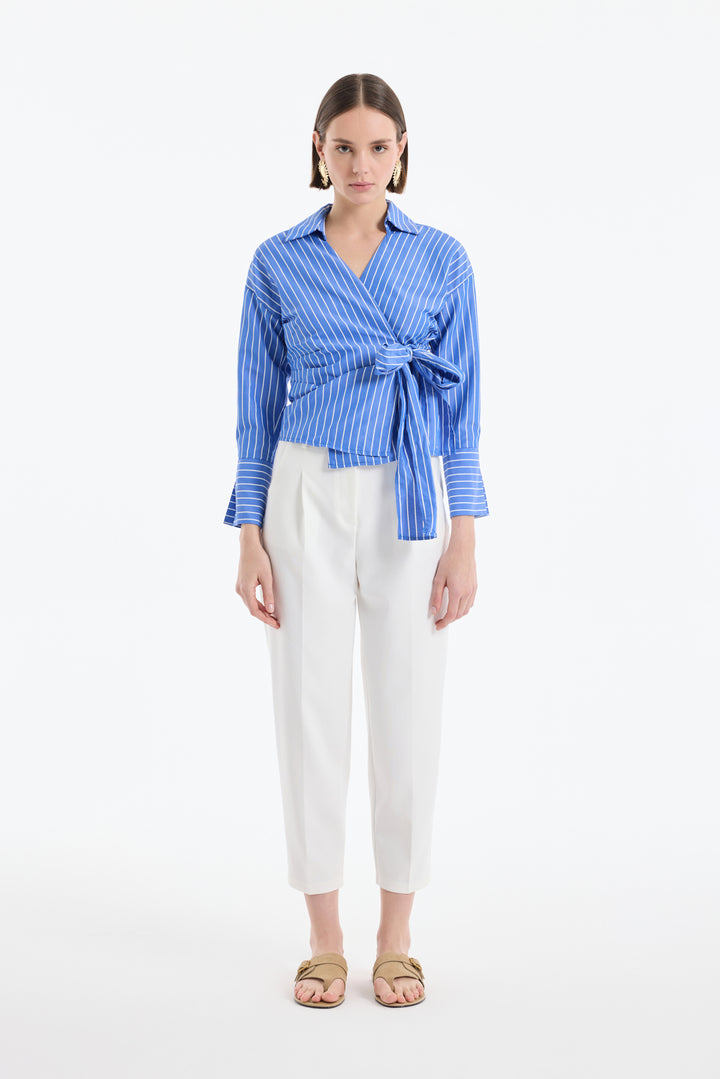 Kruvaze Bağlamalı Çizgili Bluz Koyu Mavi