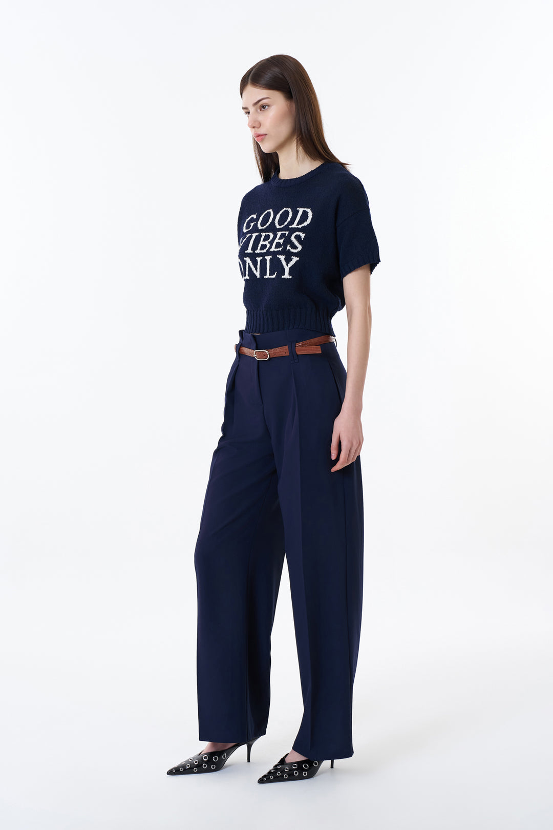 Kemer Detaylı Yüksek Bel Geniş Paça Pantolon Lacivert
