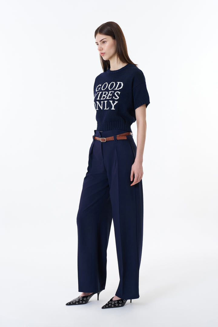 Kemer Detaylı Yüksek Bel Geniş Paça Pantolon Lacivert