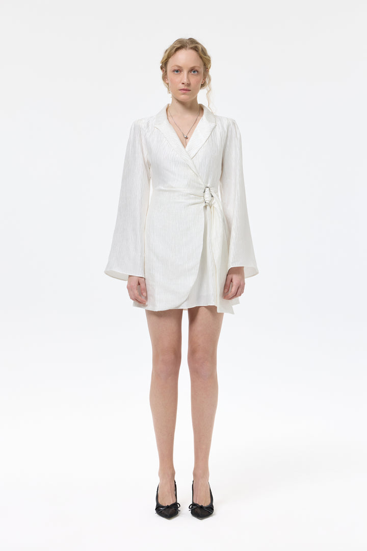 Kruvaze Bağlamalı Dokulu Mini Elbise Ekru