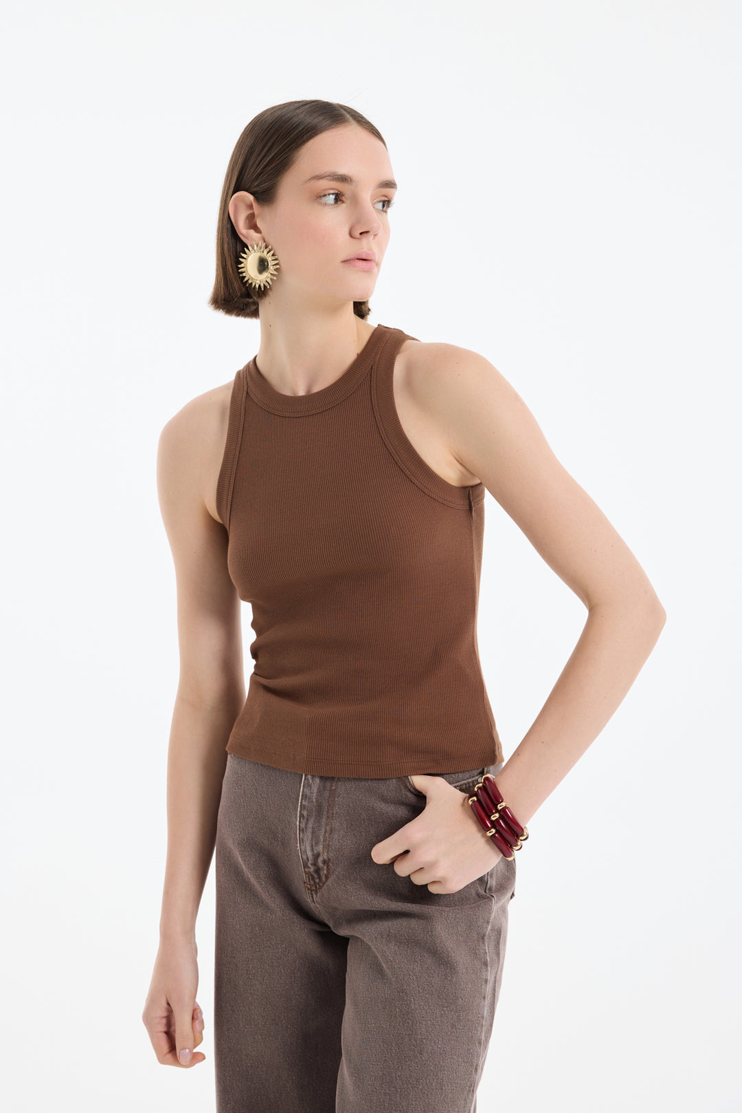 Halter Yaka Basic Fitilli Atlet Kahverengi