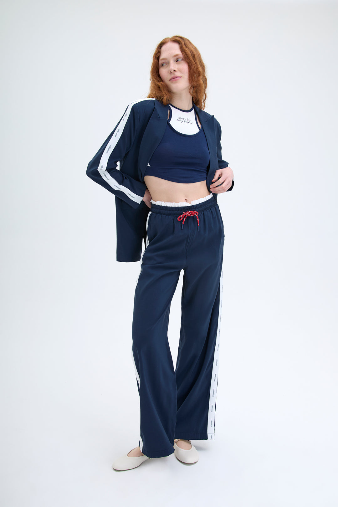 Şerit Yazı Baskılı Beli Lastikli Pantolon Lacivert