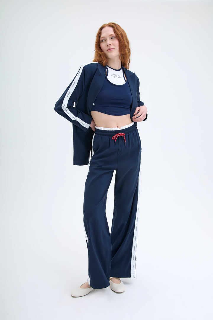 Şerit Yazı Baskılı Beli Lastikli Pantolon Lacivert