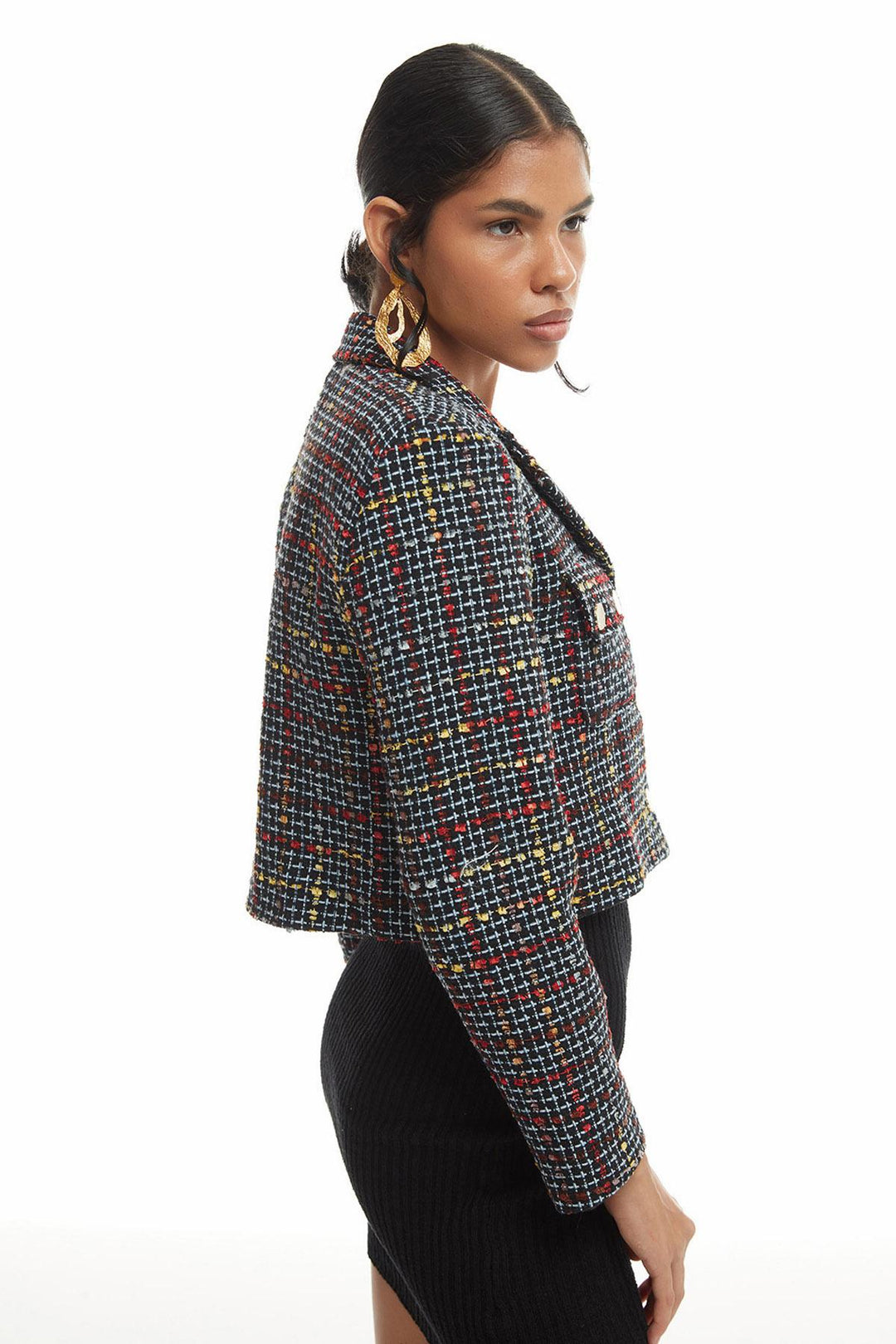 Button Detailed Tweed Blazer Jacket Black
