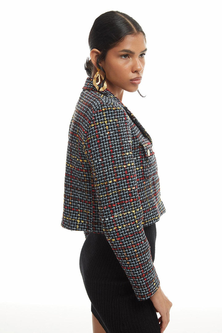 Button Detailed Tweed Blazer Jacket Black
