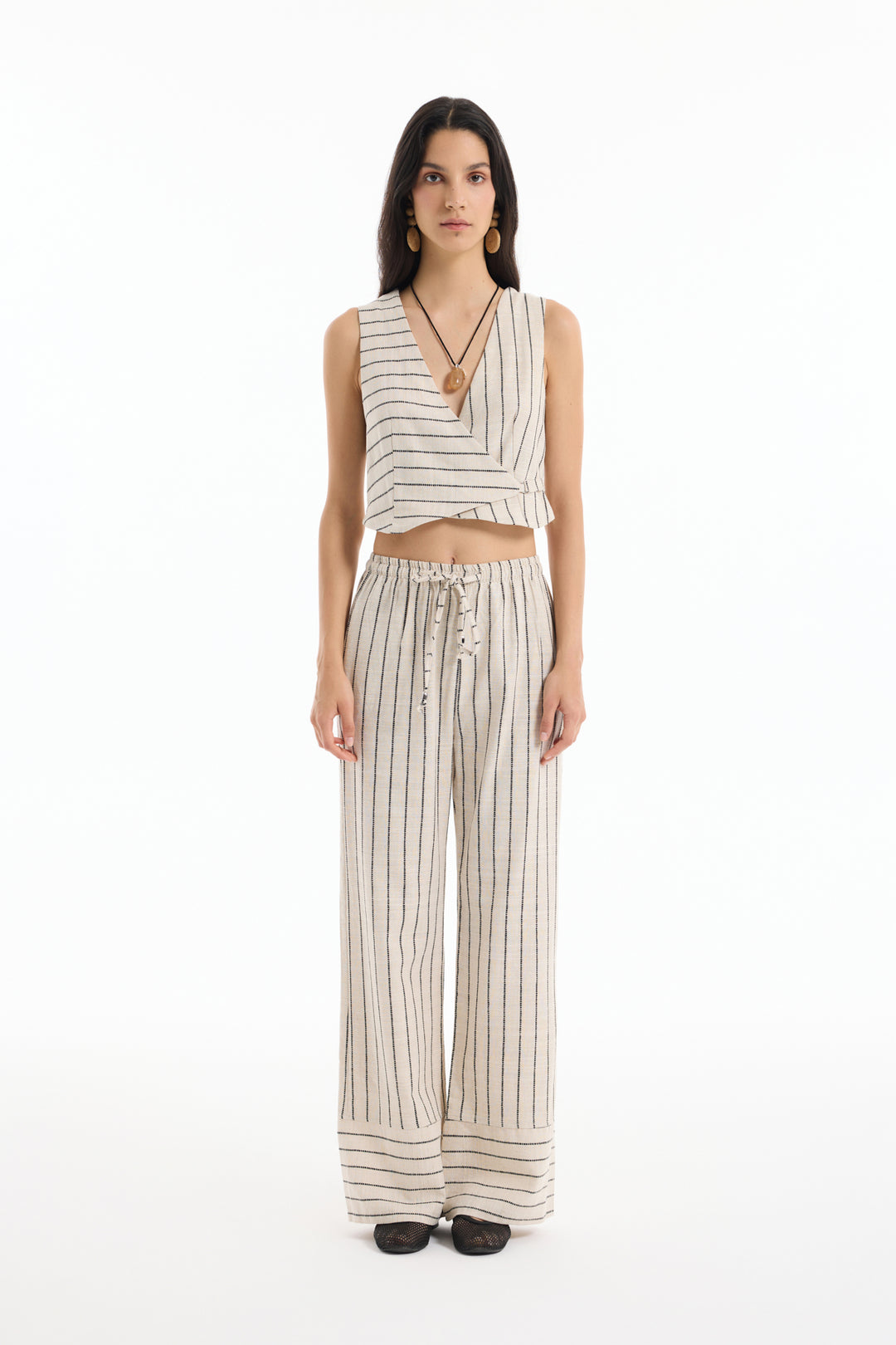 Kruvaze Yaka Keten Çizgili Bluz Naturel