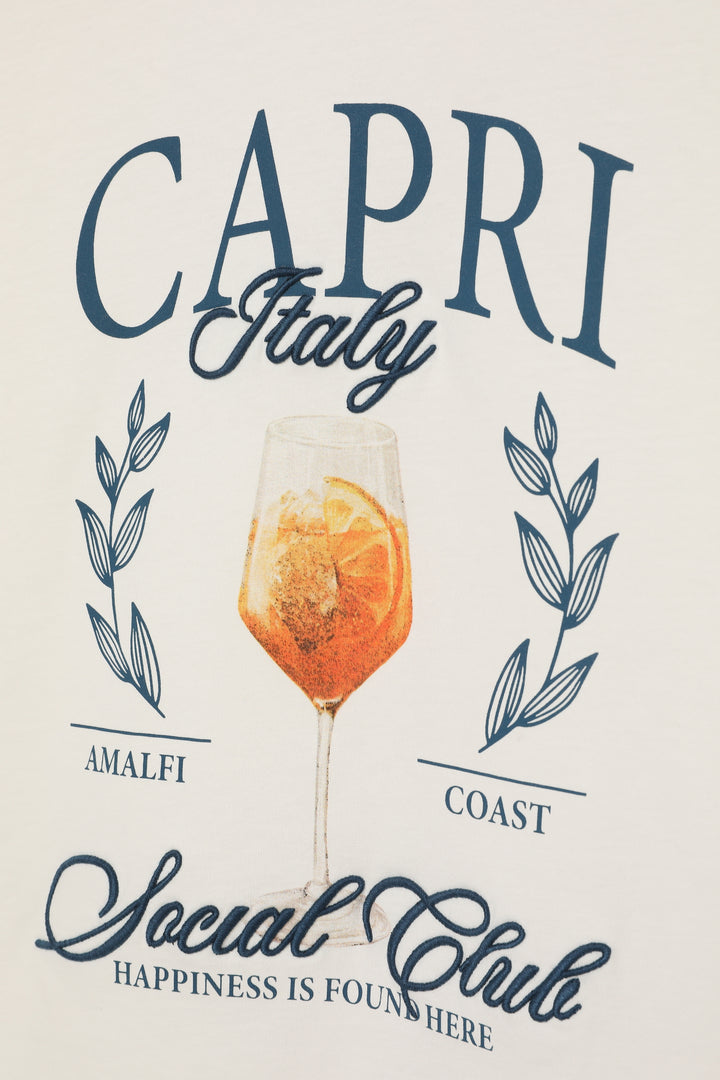 Yazı Baskılı Bardak Detaylı Tişört Ekru