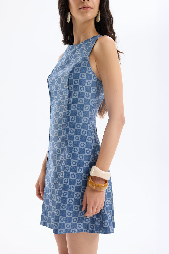 Dama Desenli Halter Yaka Mini Elbise İndigo