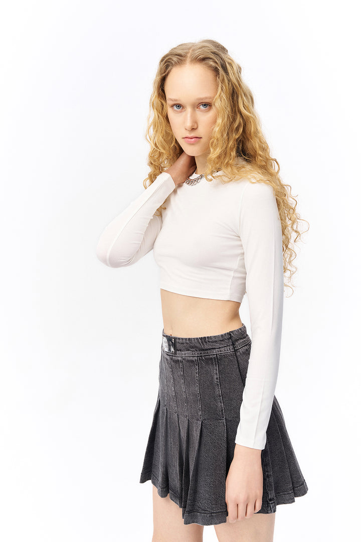 Bisiklet Yaka Uzun Kol Basic Crop Bluz Ekru