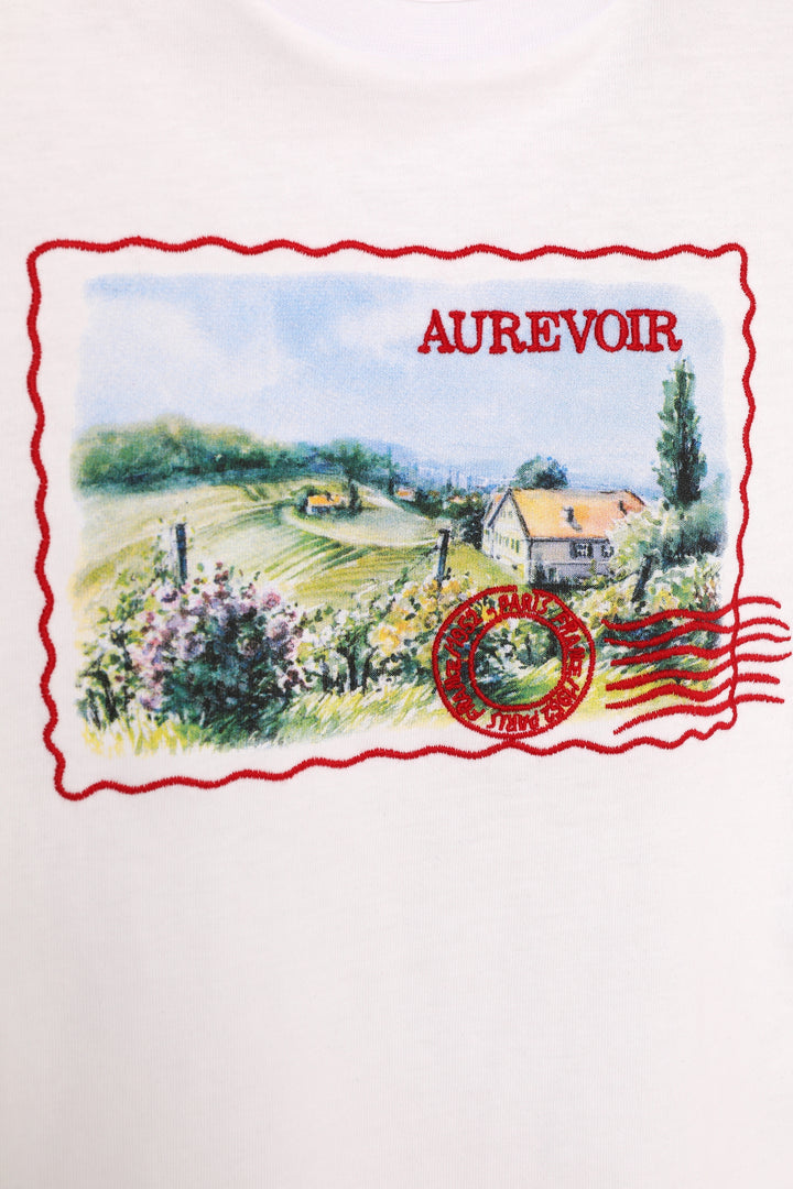 Kartpostal Baskılı Crop Tişört Beyaz