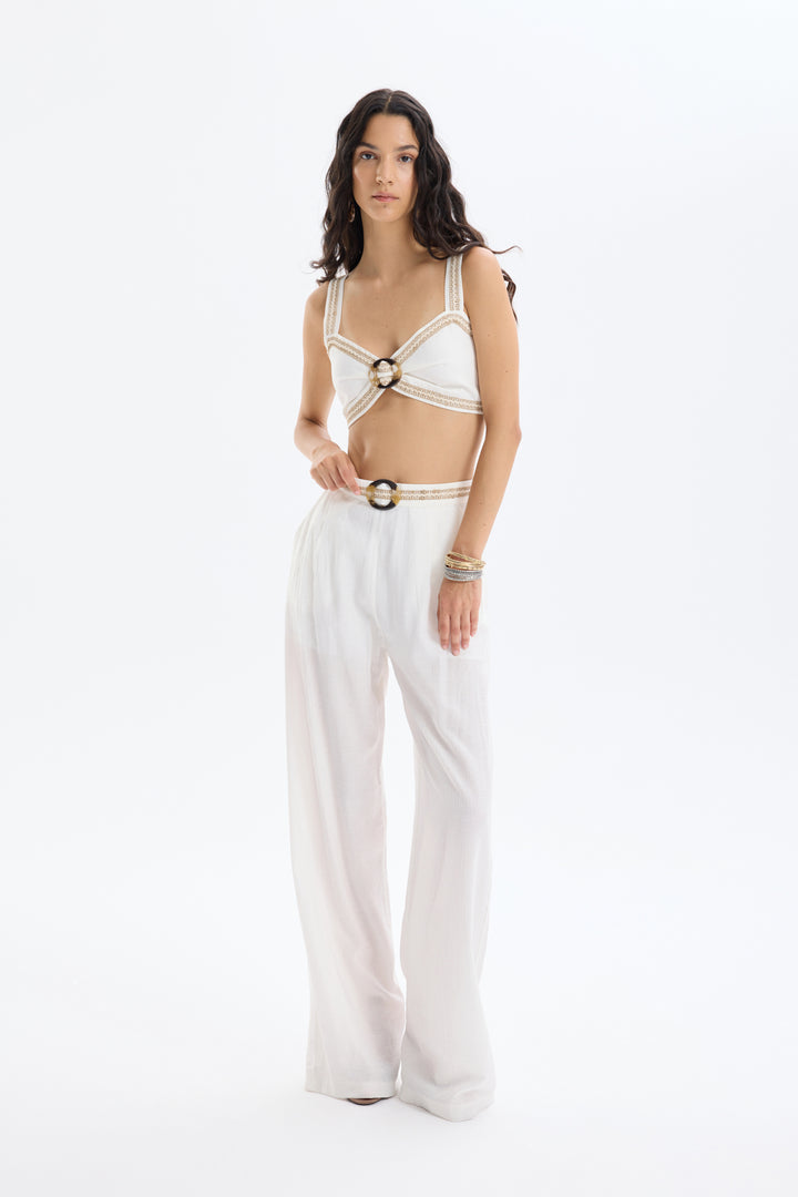 Toka Aksesuarlı Beli Nakışlı Bol Paça Pantolon Ekru