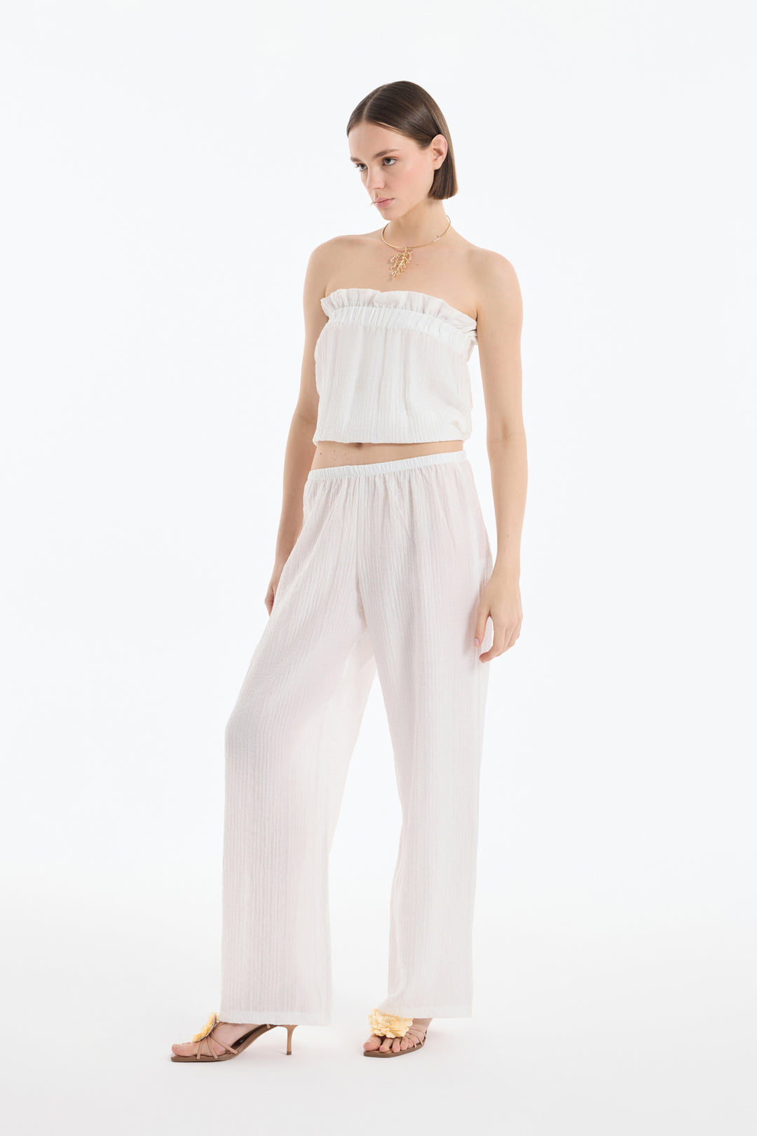 Gofre Kumaş Geniş Paça Pantolon Ekru