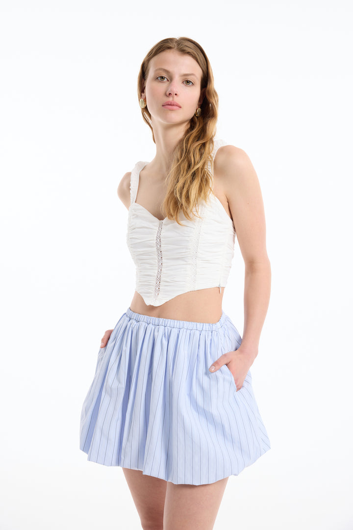 İnce Çizgili Balon Mini Etek Mavi