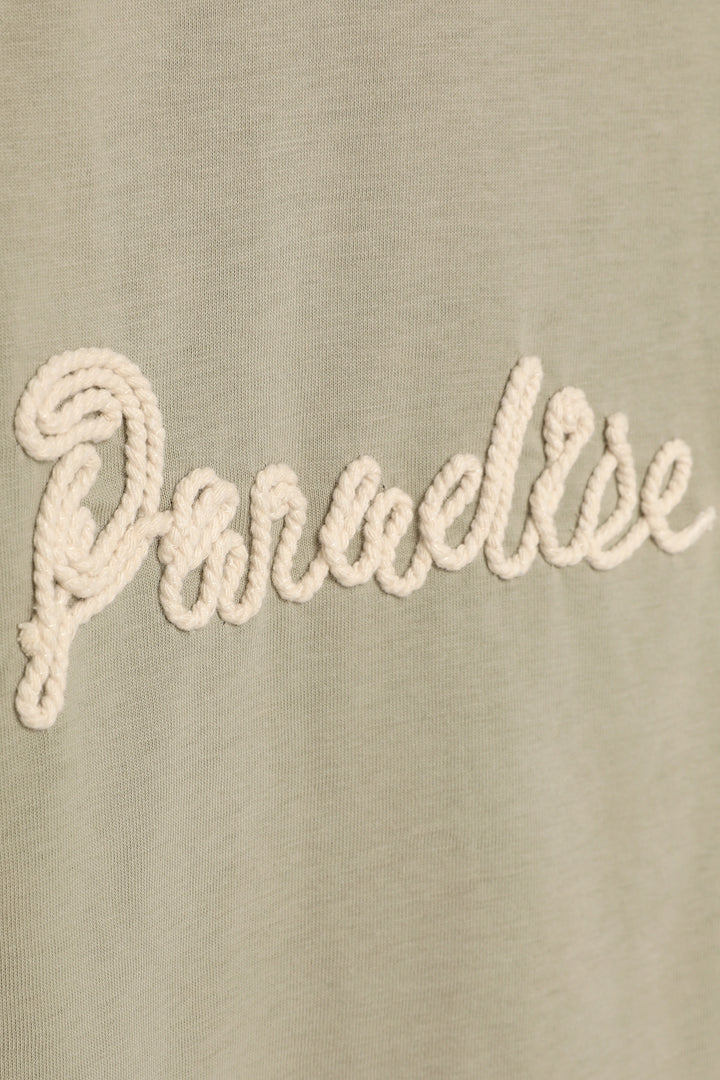 Yazı Nakışlı Kolsuz Crop Tişört Haki