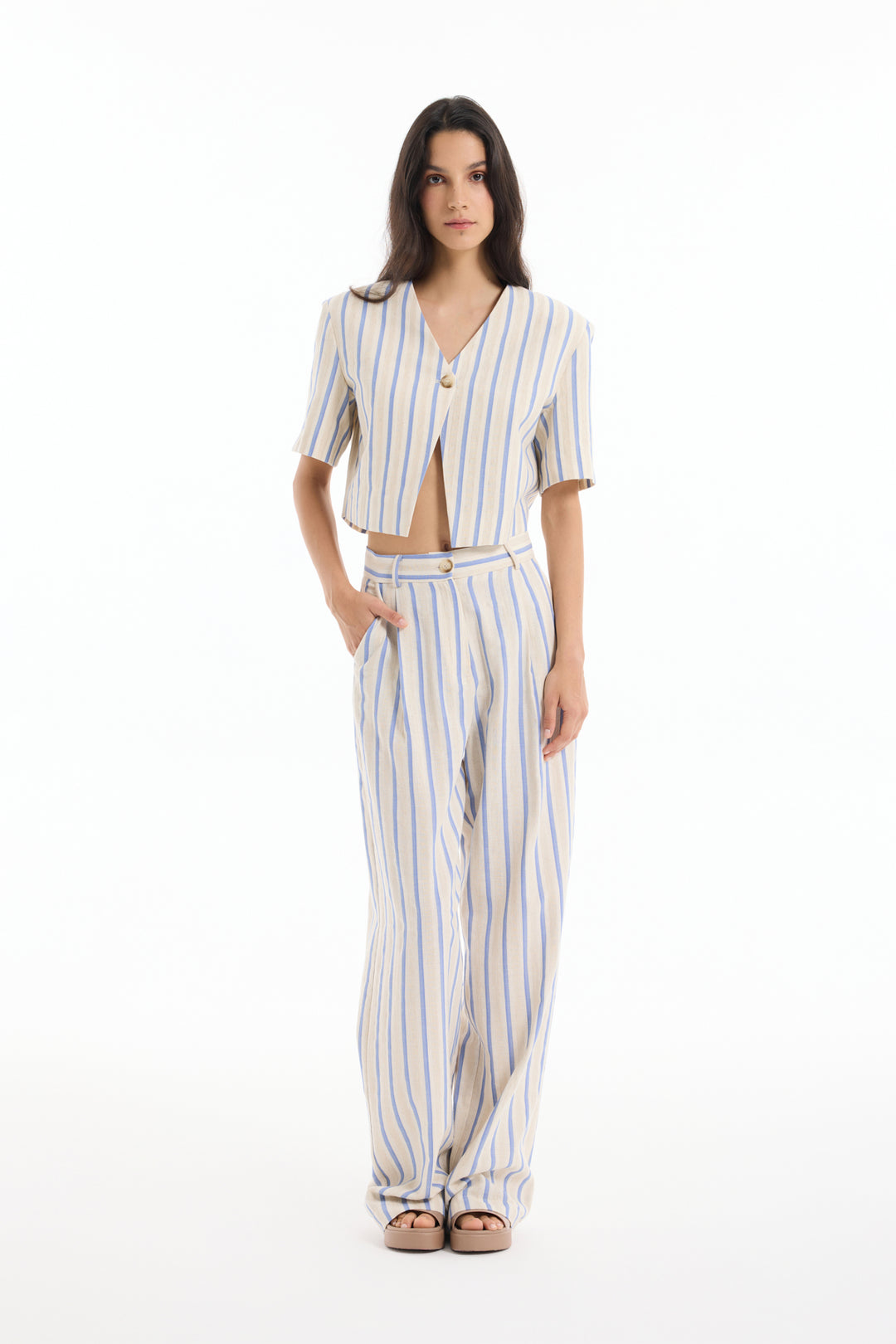 Kalın Çizgili Düz Kesim Pantolon Ekru