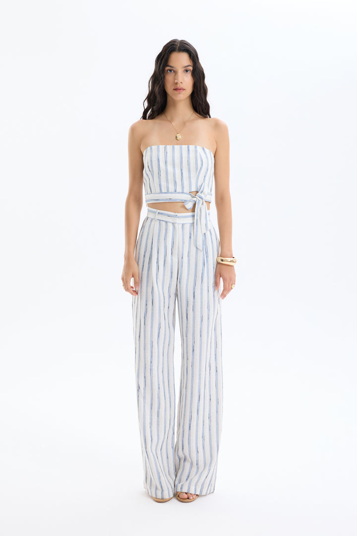 Çizgili Pensli Keten Palazzo Pantolon Mavi