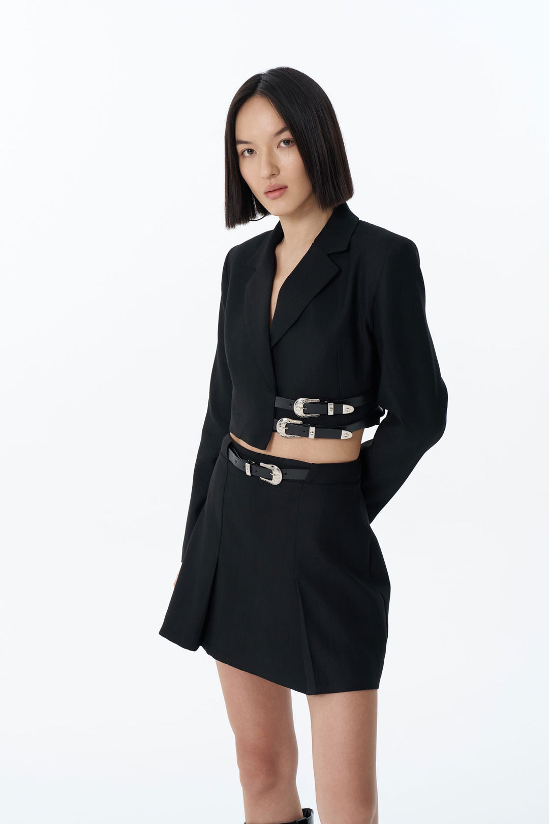 Kemer Aksesuarlı Crop Blazer Ceket Siyah