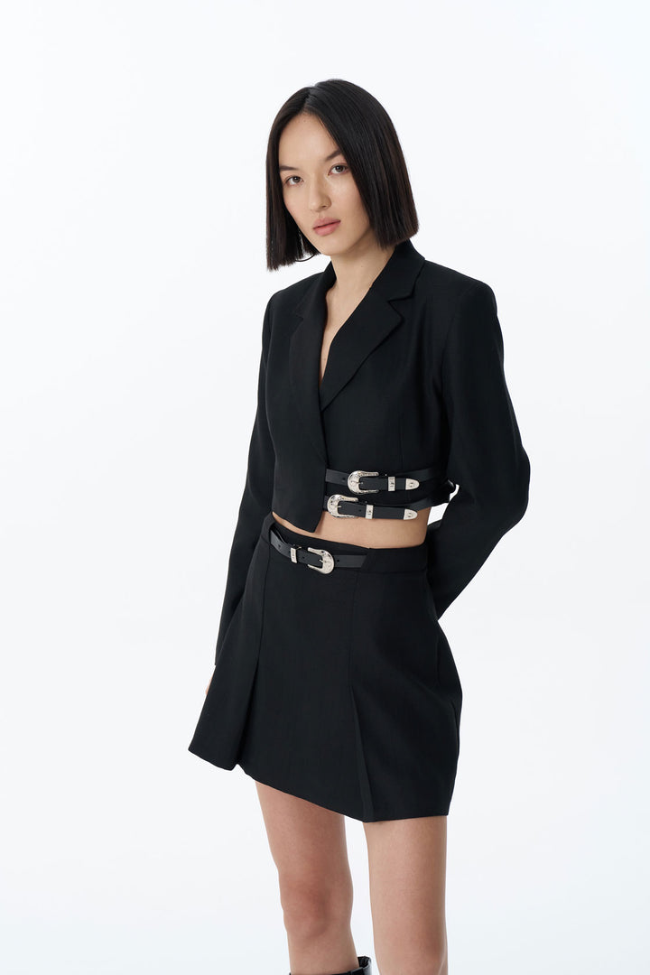 Kemer Aksesuarlı Crop Blazer Ceket Siyah