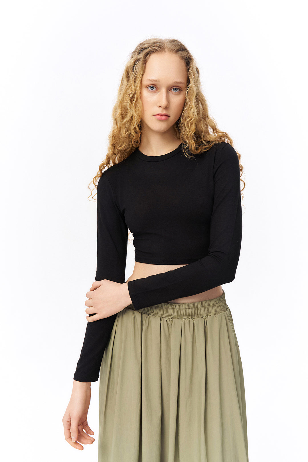 Bisiklet Yaka Uzun Kol Basic Crop Bluz Siyah