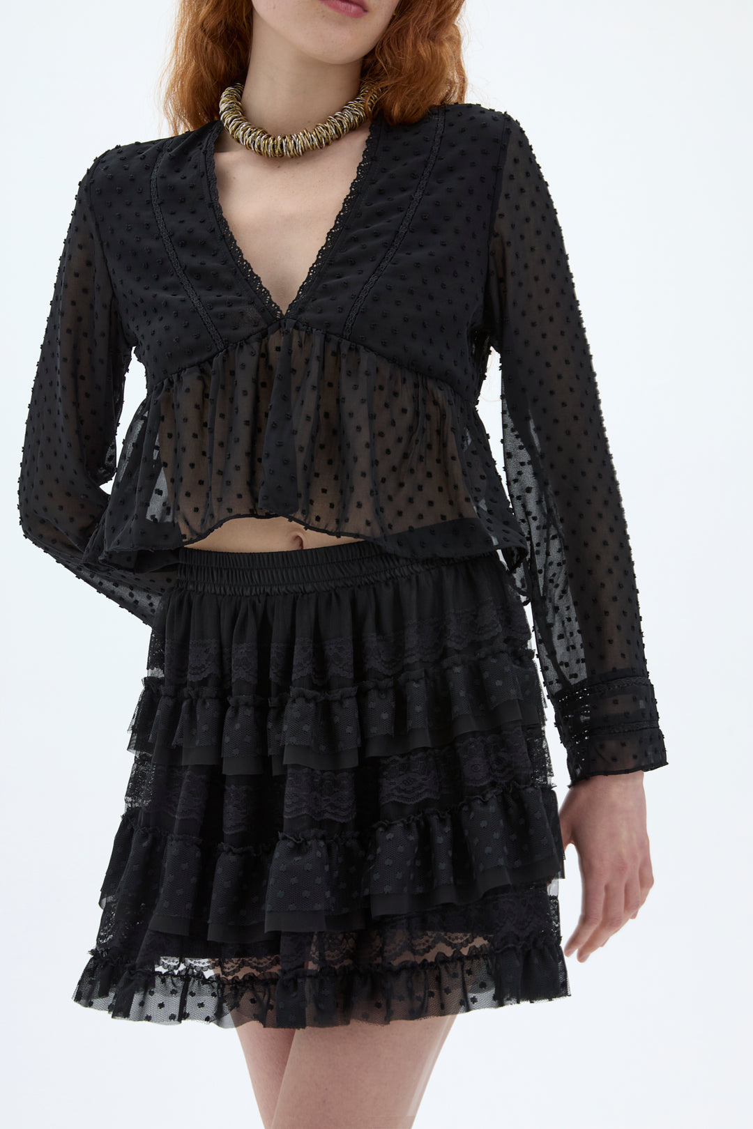 Kat Kat Volanlı Dantel Etek Siyah