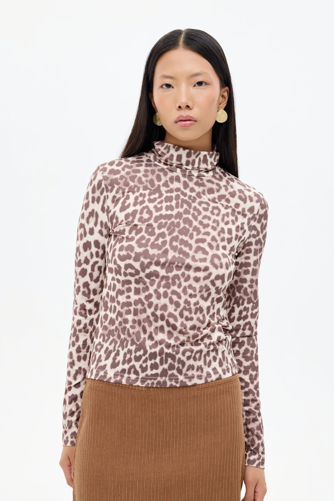 Leopar Desenli Balıkçı Yaka Bluz Kahverengi