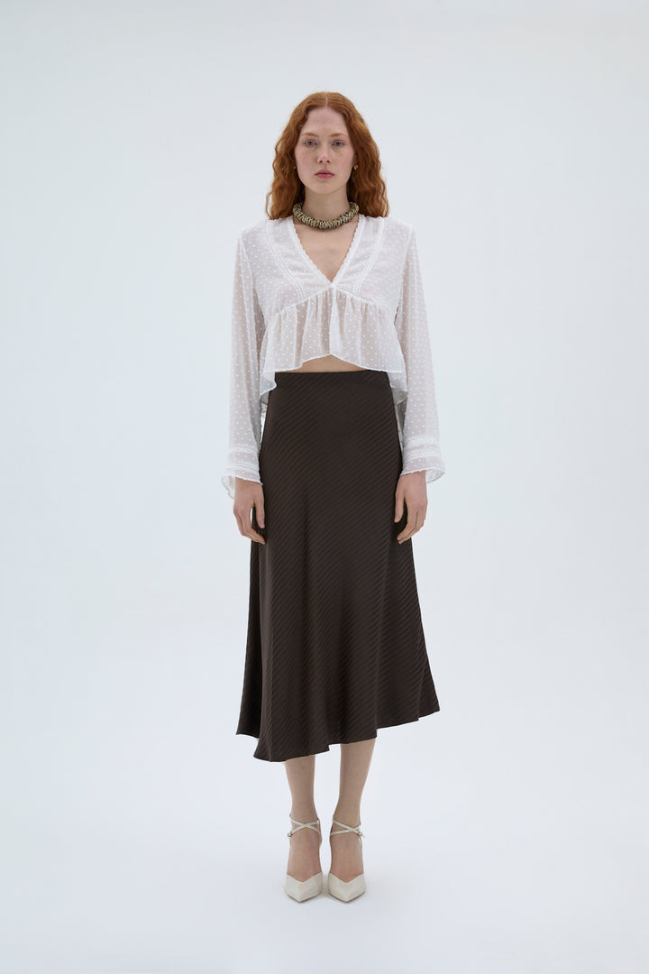 Şerit Dokulu Saten Midi Etek Kahverengi