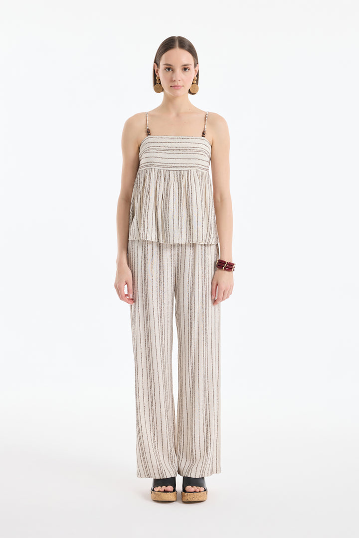 Sırtı Fiyonk Bağlamalı İnce Çizgili Keten Bluz Naturel