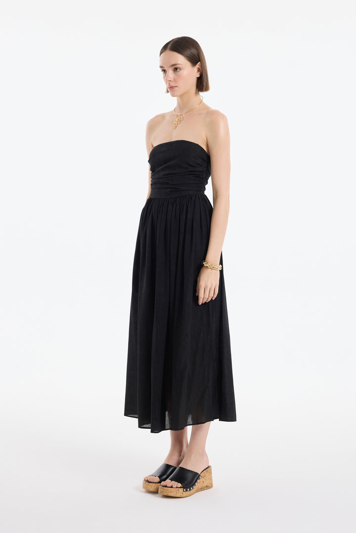 Drape Detaylı Pileli Straplez Midi Elbise Siyah