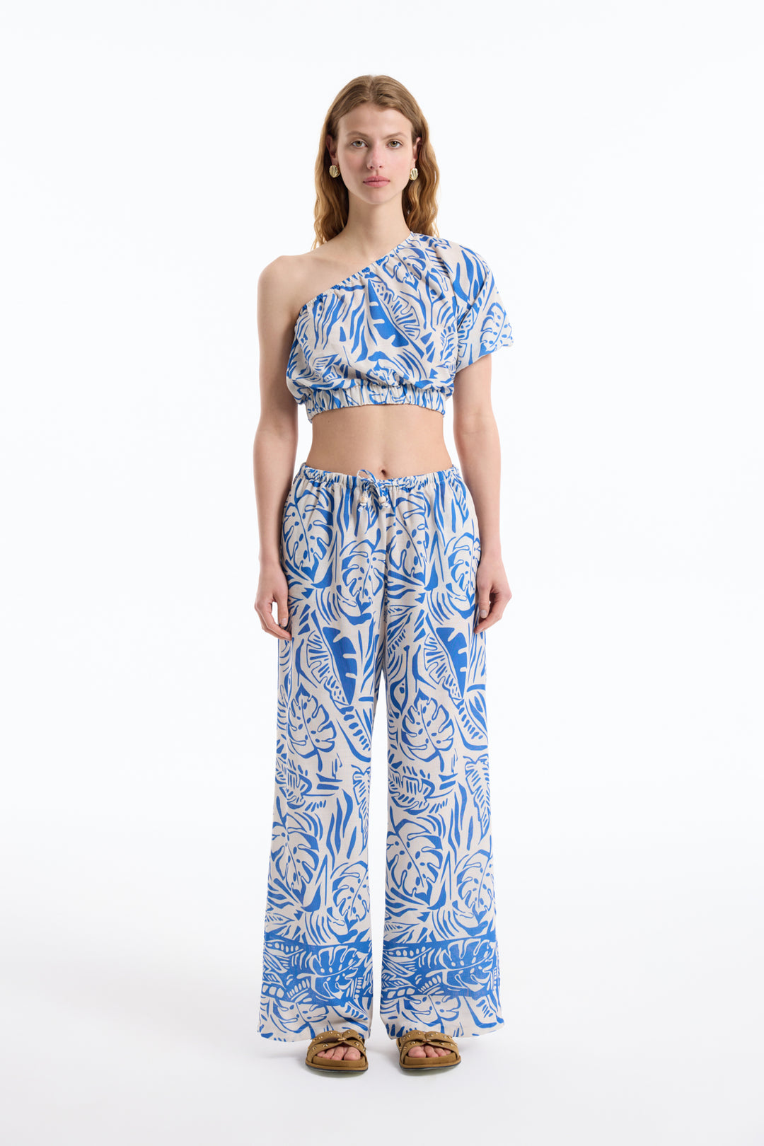 Tropik Desenli Tek Omuz Crop Bluz Mavi