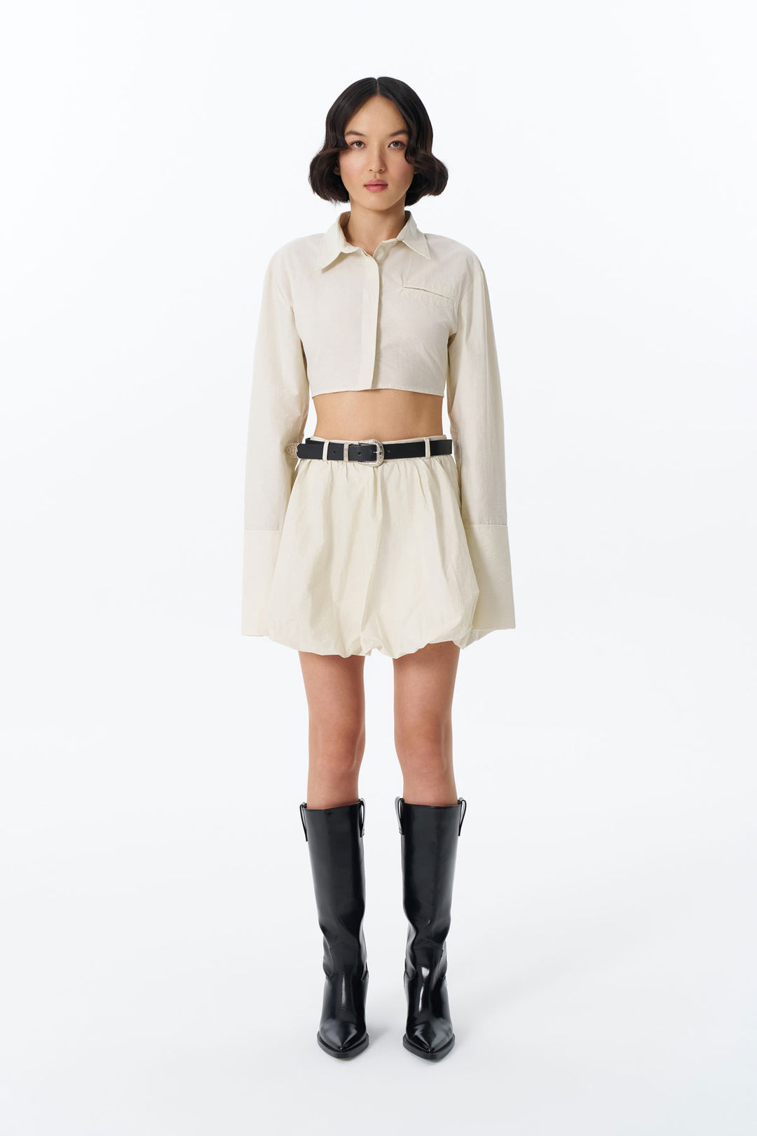 Kemer Aksesuarlı Cepli Mini Balon Etek Taş