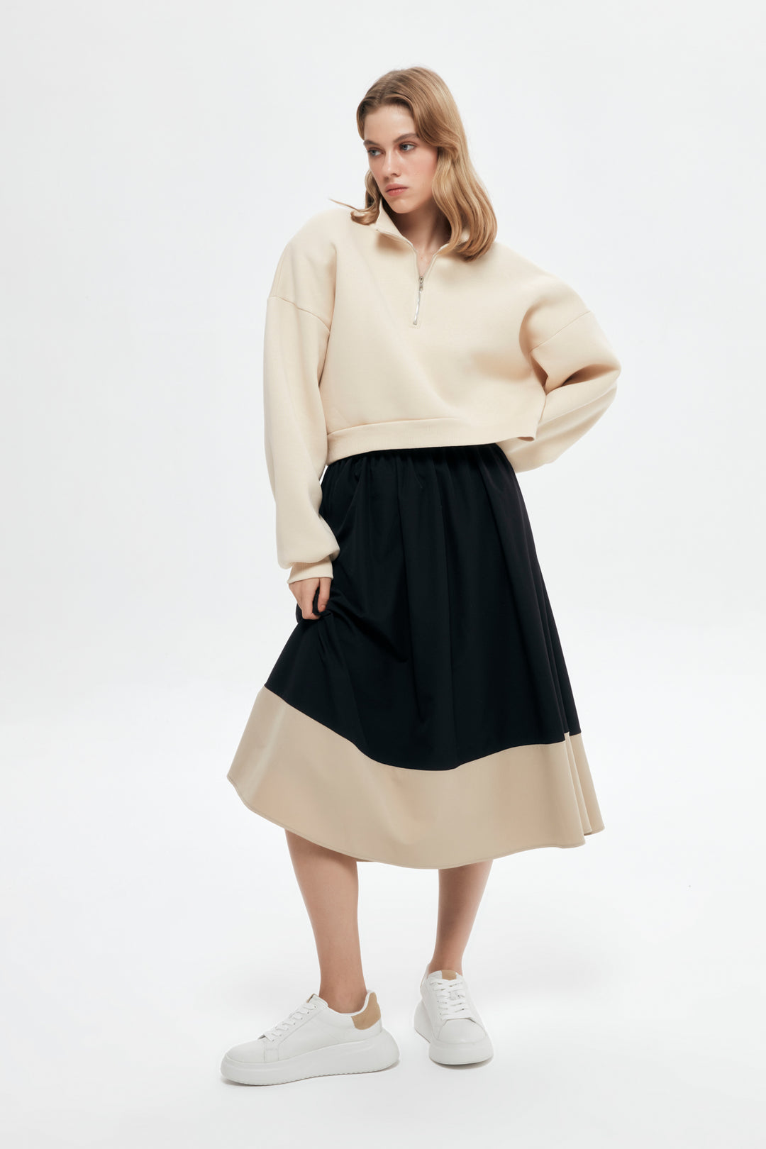 Fermuar Detaylı Crop Sweatshirt Bej