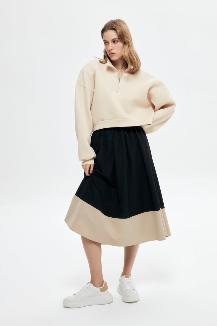 Fermuar Detaylı Crop Sweatshirt Bej