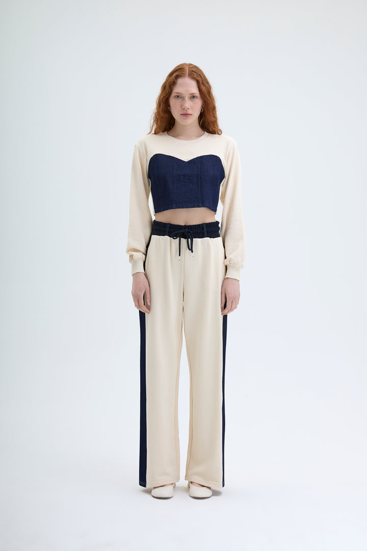 Match Detaylı Crop Sweatshirt Bej