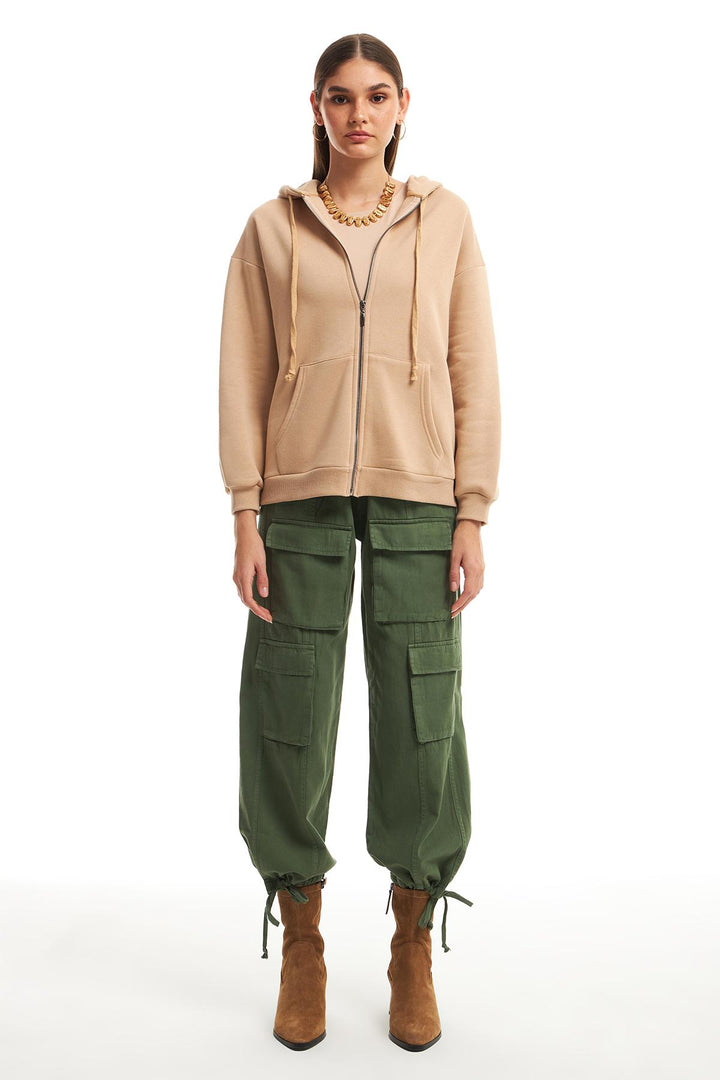 Fermuarlı Kapüşonlu Sweatshirt Bej