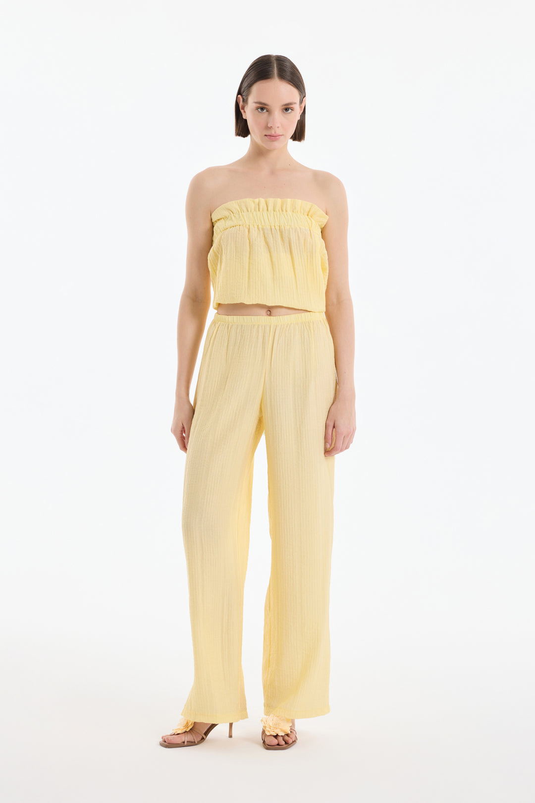 Gofre Kumaş Geniş Paça Pantolon Sarı