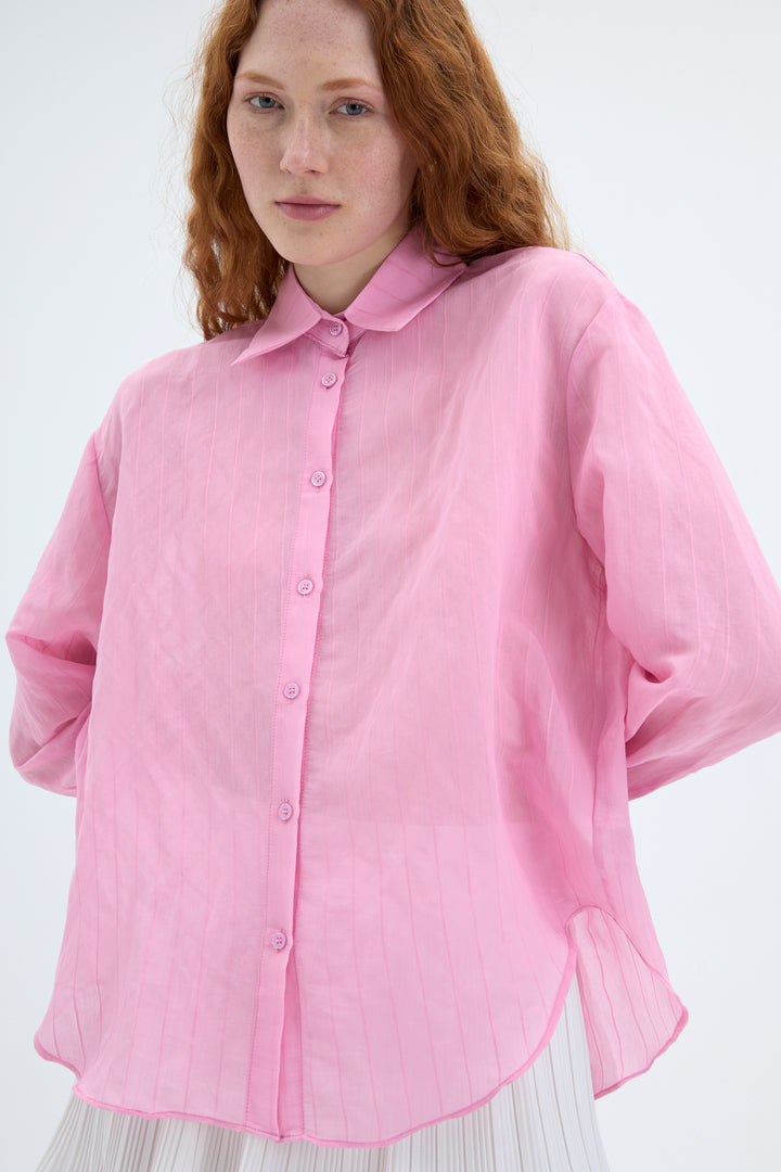 İnce Çizgili Düğmeli Oversize Gömlek Pembe