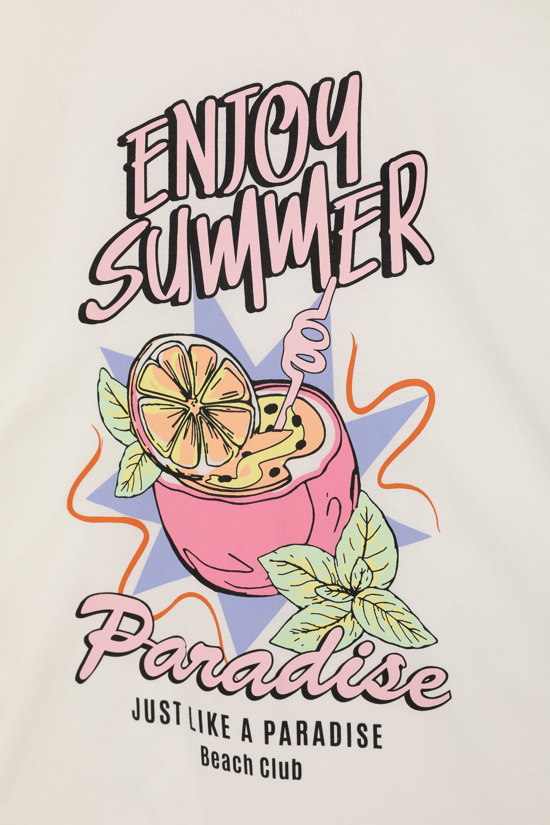 Renkli Kokteyl Baskılı Kısa Kol Tişört Ekru