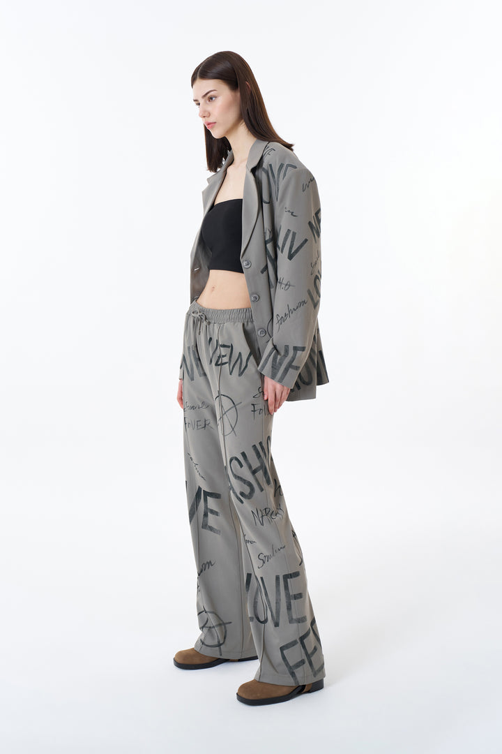 Yazı Baskılı Yüksek Bel Pantolon Açık Haki