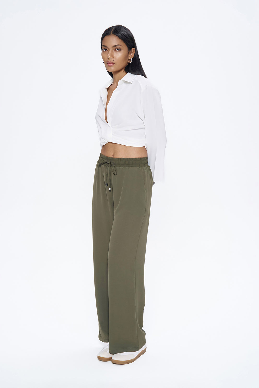 Elastic Waist Wide Leg Trousers Khaki